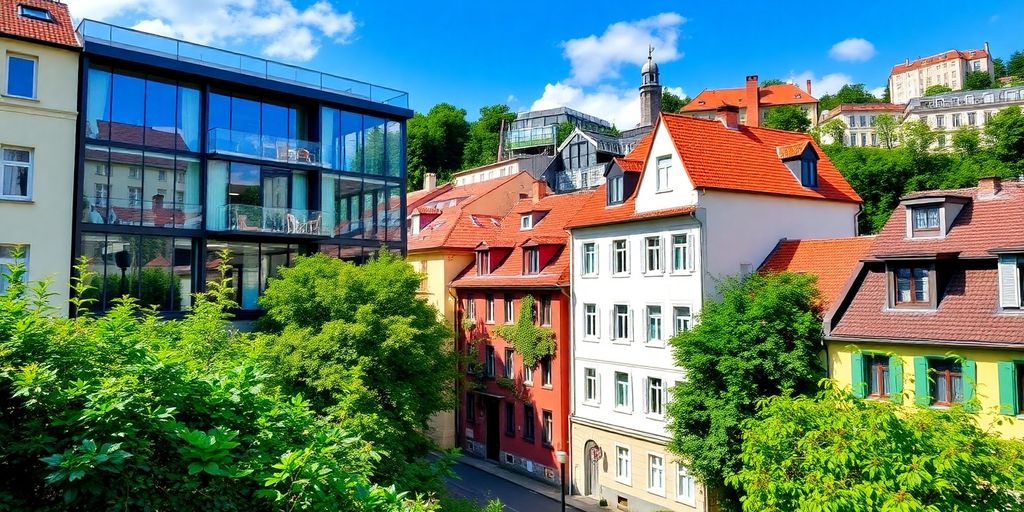 Pohled na moderní a historickou architekturu v Vinoři.